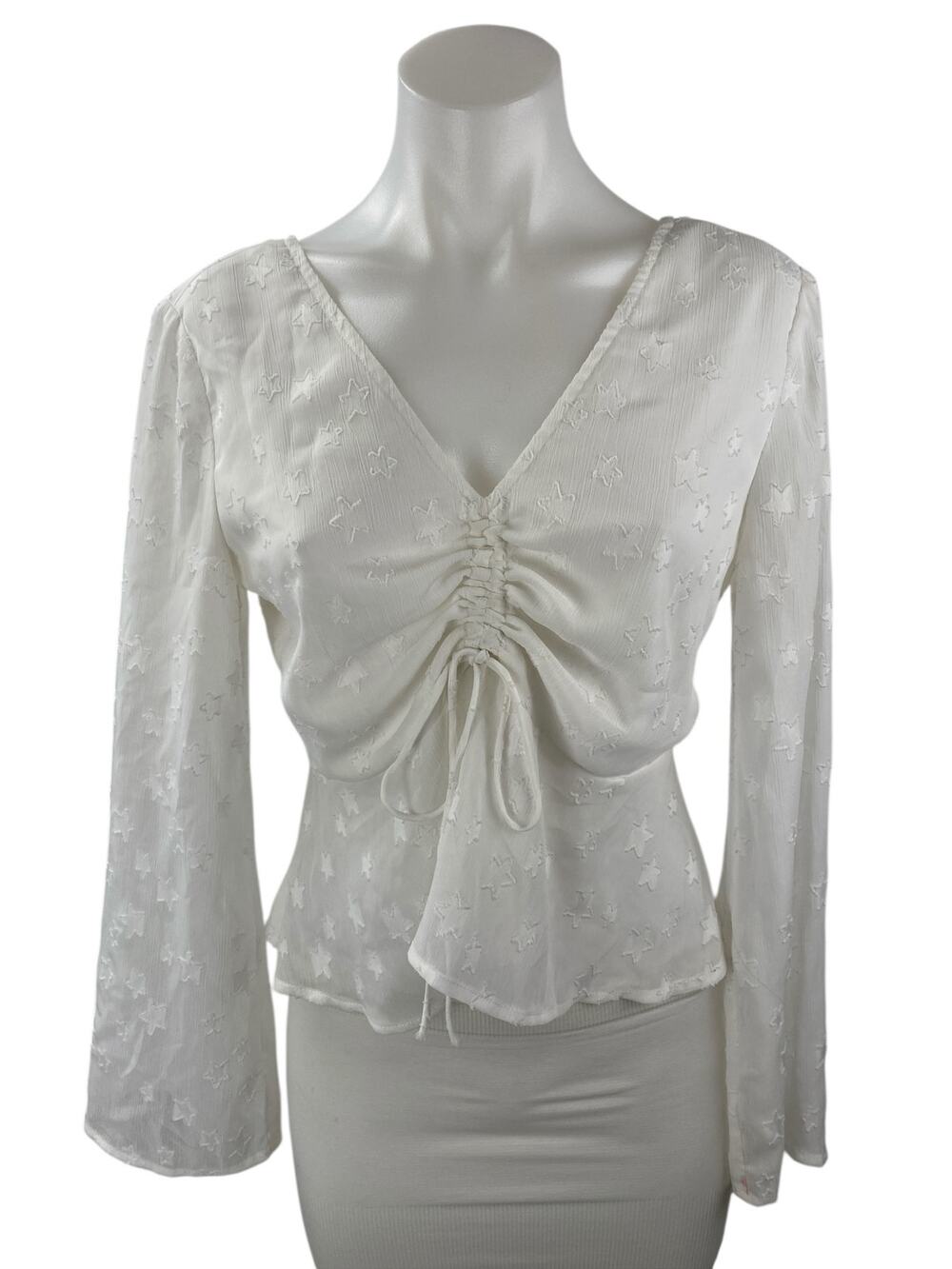 Ark n Co White Star Long Bell Sleeve V Neck Ruched Peplum Blouse Top Size S